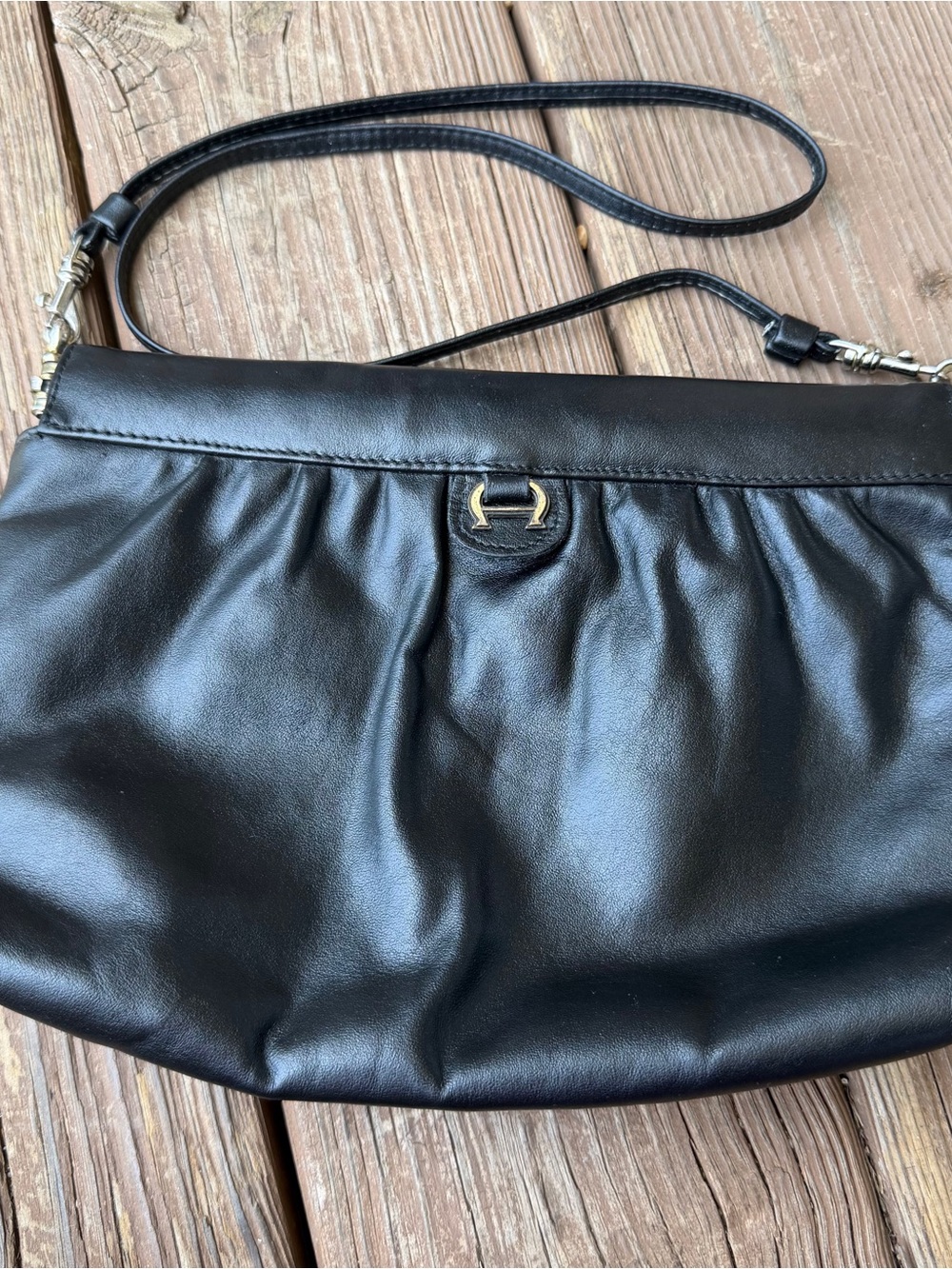 Vintage Etienne Aigner Black Leather Clutch Shoulder Bag Detachable Strap Purse